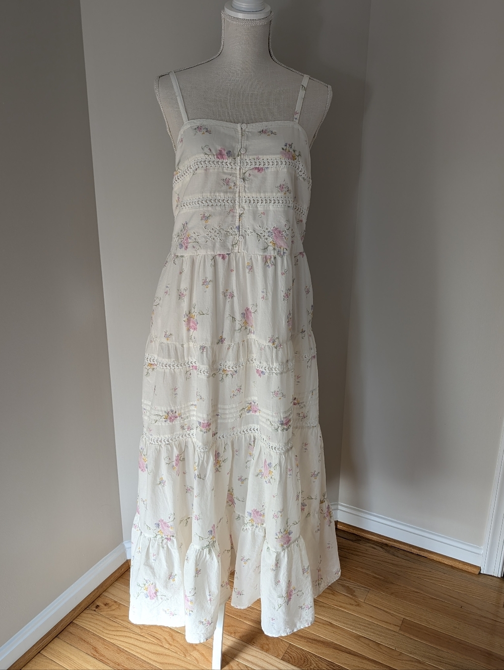 Ivory Floral Tiered Maxi Dress with Pink Accents